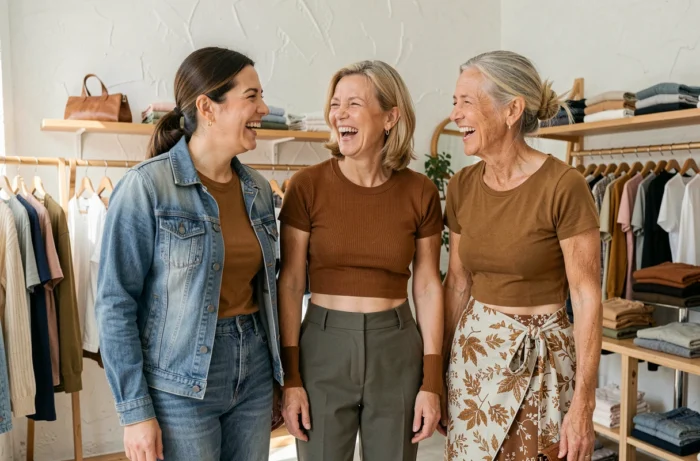 Trois femmes de générations différentes portant chacune un crop top dans un style qui leur ressemble, dans une boutique de vêtements lumineuse