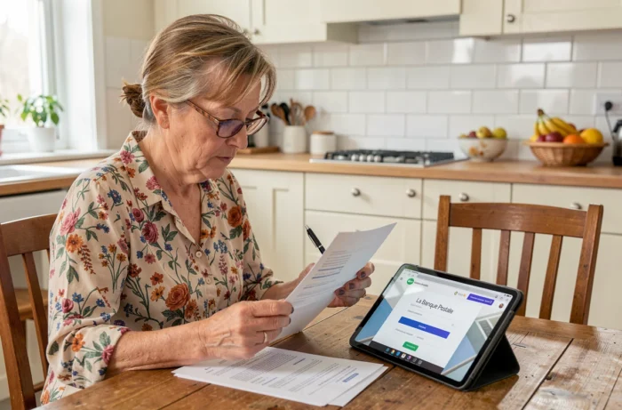 Femme senior cherchant ses identifiants Banque Postale avec un document papier et une tablette dans sa cuisine