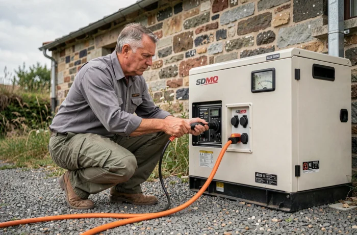 Homme connectant un câble d'extension au générateur SDMO Alizé 3000 devant une maison en pierre en milieu rural