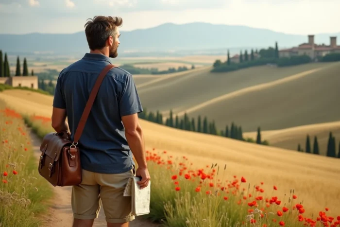 Voyageur solitaire contemplant le panorama des collines dorées et des cyprès de la Val d'Orcia en Toscane