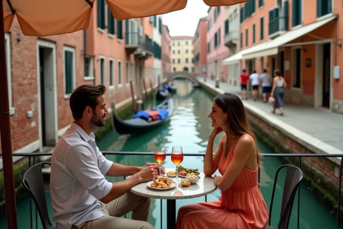 Couple attablé en terrasse au bord d'un canal vénitien avec gondoles et façades colorées en arrière-plan