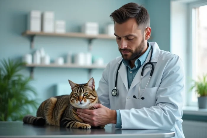 Vétérinaire examinant un chat tigré avec un stéthoscope dans une clinique vétérinaire moderne