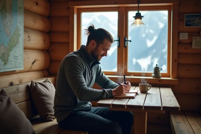 Voyageur solitaire écrivant dans un journal dans un refuge de montagne avec vue sur les sommets