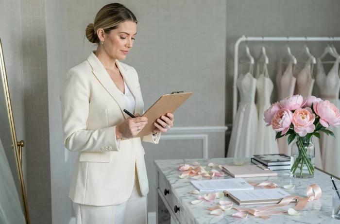 Planejadora de casamentos profissional revisando os preparativos do casamento em uma suíte nupcial elegante